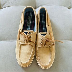 Sperry Tan + Plaid interior Boat Shoes